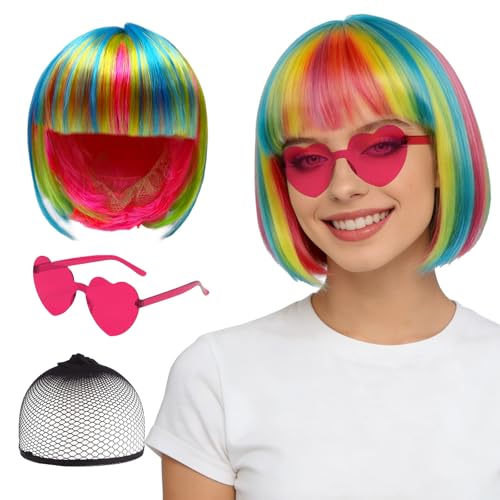 GYIOFAI 3 Pièces Perruque Arc-en-Ciel Femmes, Perruque Bob Disco avec Frange, Cheveux Synthétiques avec Bonnet et Lunettes de Soleil Fête à Thème Carnaval Soirée Déguisée (Arc-en-Ciel)
