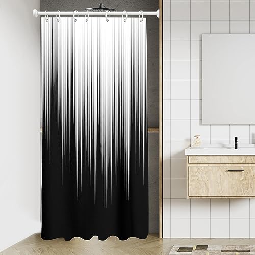 Image of AAtter Black White Gothic Shower Curtain, Small Stall 36x72 Inch, 7 Hooks | Dark Grey Ombre Striped Polyester Fabric, Modern Abstract Style, Cool Anime Design, Single Narrow Bathroom Decor for Men