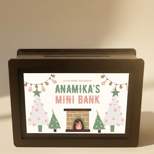 Image of Personalized Christmas Theme Gullak | Wooden MDF Piggy Bank with Custom Name 9x5.5 Inch | Cute Money Box for Kids, Friends, Family, Home, Office, Secret Santa