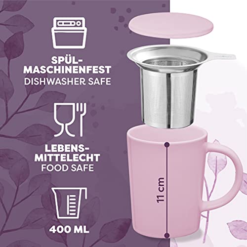 Taza de Te con Filtro y Tapa 400ml - Ceramica - Mantiene Caliente la Infusion - Rosa - Imagen 4