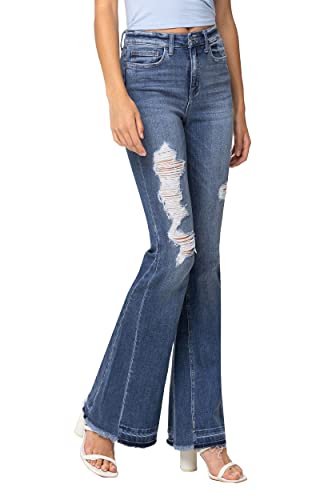 Flying Monkey, High Rise Distressed Insert Panel Released Hem Flare Jean, Dark Blue2