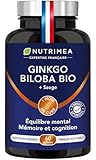 GINKGO BILOBA - Complexe Mémoire & Concentration BIO - Booste les Performances Cérébrales - Sauge BIO - 60 Gélules Vegan - Nutrimea - Fabrication Française