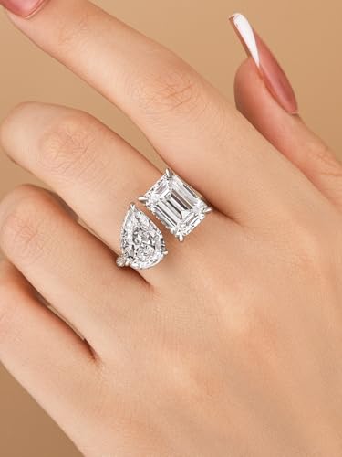Toi et Moi 4.5CT Emerald & 3.5CT Pear Cut Two Stone Engagement Ring for Women, Sterling Silver 5A Cubic Zirconia Simulated Diamonds Ring with Open Bypass Design4