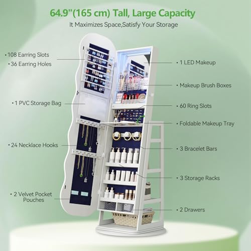 Image of HNEBC 360 Swivel Jewelry Cabinet with Lights, LED Jewelry Armoire with Mirror, Wavy Wide Full-Length Mirror with Storage, Lockable Mirror Jewelry Cabinet Standing (White)