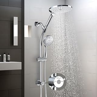 7.5" Rotatable Dual Shower Head with Handheld Combo, Kids Friendly Low 3-Way Diverter, Adjustable Slide Bar for Whole Family Use, Enjoy High Pressure Rainfall Spa Shower, Polished Chrome Finish