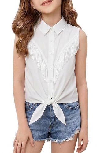 Image of Girls Fringe Shirt Sleeveless Button Down Western Cowgirl Tassel Trim Casual Blouse Shirt Top 4-13Y