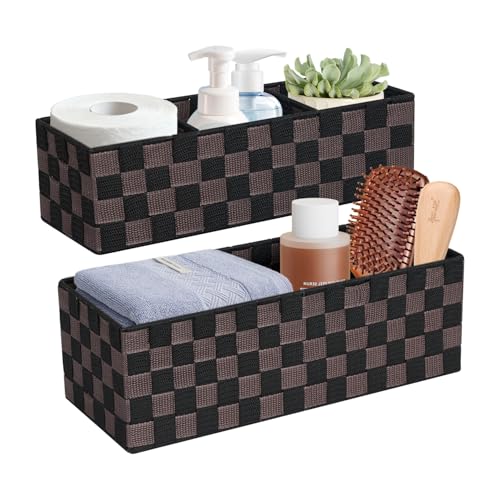 Image of BINWHIZ 2-Pack Checker Pattern Woven Bins, 16” Ribbon Metal Wire Desk Organizer, Drawer Dresser Baskets, Countertop Toilet Paper Storage Containers (Black & Brown)