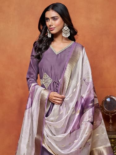 Image of EthnicJunction Women's Cotton Silk Embroidered Anarkali Kurta Palazzo with Digital Print Dupatta Set