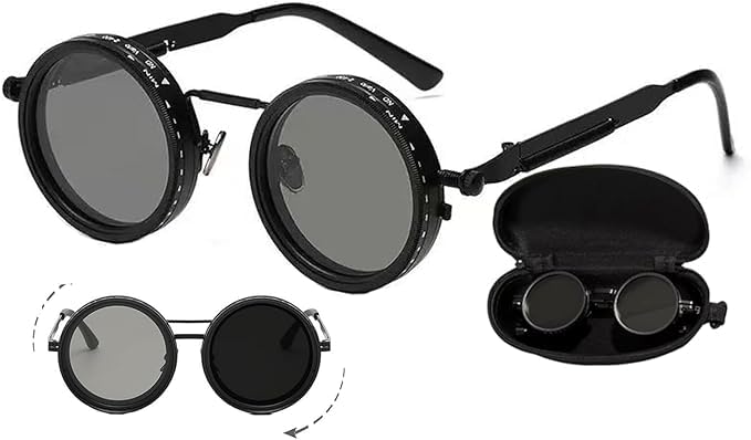 Image of Adjustable Tint Sunglasses 1-9 Gear | Polarized Round Black Lens | UV400 Protection | Retro Unisex Dimming Sunglasses (Black)