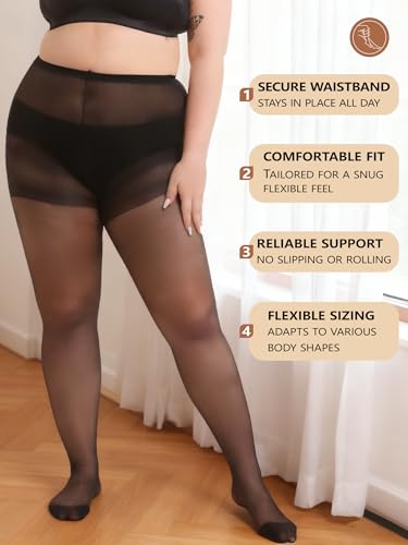Image of Plus Size Sheer Tights for Women 20D Control Top Pantyhose Soft Stockings with Reinforced Toes 2 Pairs