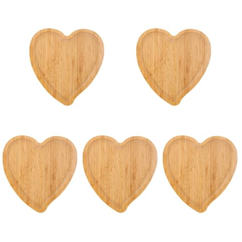 Cabilock Bamboo Serving Tray Set, 5 Pack Heart Shaped Snack Plates, Desktop Storage Trays for Serving Dried Fruit and Snacks with Anti-Slip Design, 5.11X4.92X3.14 Inch
