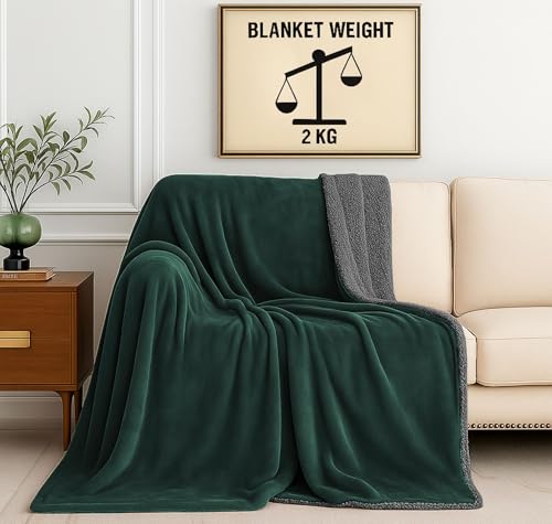 SANMARINO Premium Sherpa Blanket | 350 GSM, Ultra-Soft & Cozy Double Bed Blanket (223×220 cm, 2000 g) | Warm Winter Blanket for Bedroom (Green & Grey, Double_2Kg)