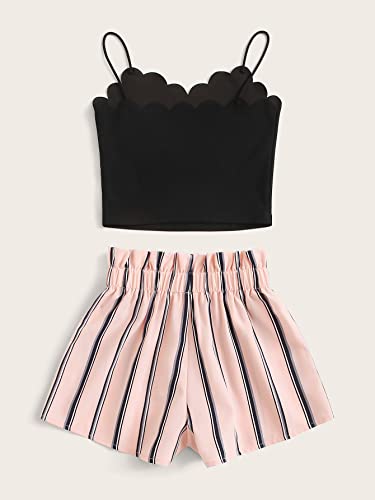 Romwe Girl's Cute 2Pc Scallop Trim Cami Top & Paperbag Waist Belted Shorts Summer Set Pink 10Y #TOP1