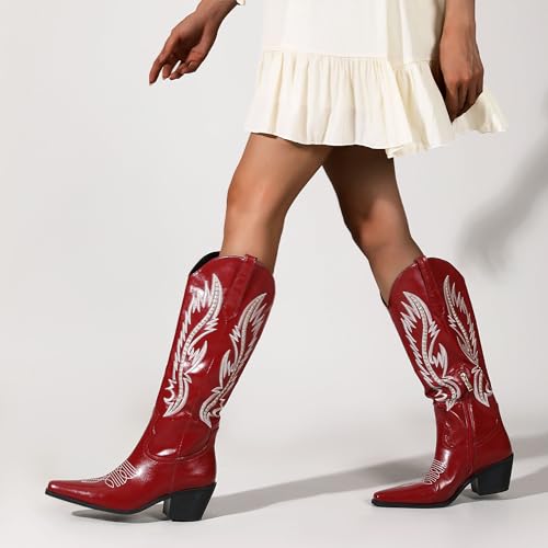 Image of LingxiaUne Red Knee High Cowboy Boots For Women Wide Calf Distressed Western Cowgirl Boot With Low Block Heels And Pointed Toe Trendy Comfortable Size 9