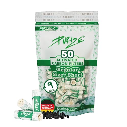 50 PURIZE - Aktivkohlefilter Regular Size SHORT 9mm im Vorratsbeutel - Premium Aktivkohle Filter mit Keramikkappen für verbesserten Airflow