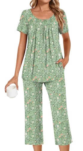 POPYOUNG Womens Pajama Sets Summer Ladies Pjs 2 Piece Loungewear Capri with Pockets Sleepwear L Green Floral/Mix