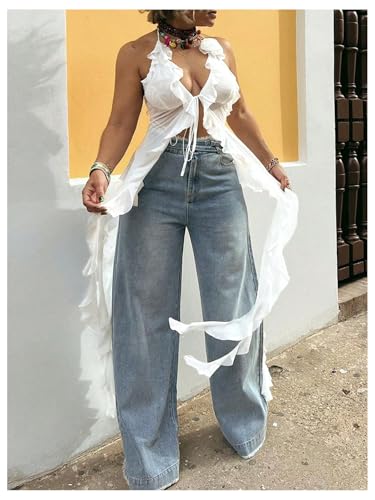 GORGLITTER Women's Fringe Flower Halter Tops Ruffle Tie Front Sleeveless Backless Top Concert Coachella Rodeo Outfits3