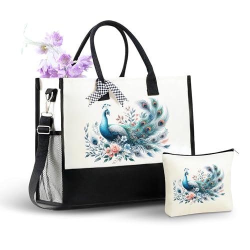 Image of InnoBeta Peacock Gifts for Women, Peacock Tote Bag with Top Zipper Closure and Shoulder Strap for Christmas, Birthday, and Every Special Occasion