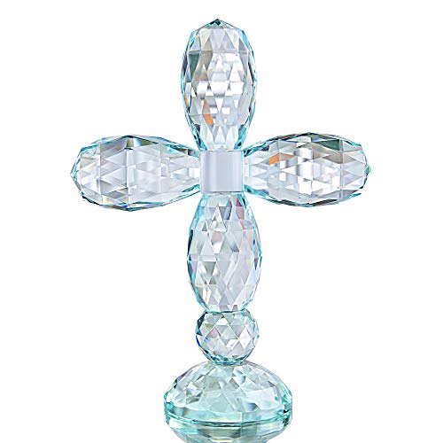 Qfkris Crystal Cross Standing Colorful Traditional Cross Figurine 7'' Tall Glass Craft Decor For Christmas Gifts (Cyan-Blue) #TOP12