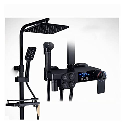 Thermostatic Shower System with Black Screen Matte Black Rainfall Bathtub Faucet Bathroom Shelf High Flow Rate Electric Production Modern Shower Head Set
