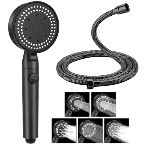 Shower Head and Hose Powerful 5 Modes Black Shower Head High Pressure Shower Heads with Stop Button for Adults Children Pets Home and Gym Use