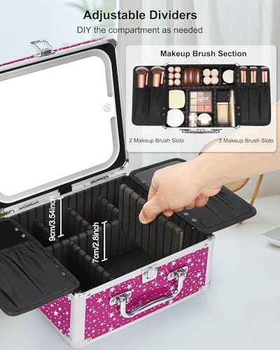 Image of Relavel Makeup Bag with LED Mirror, Makeup Box Travel Train Case with Rechargeable Lighted Mirror, Cosmetic Brush Organizer Storage for Makeup Artists Gifts for Women and Girls, Hot Pink Shining Star