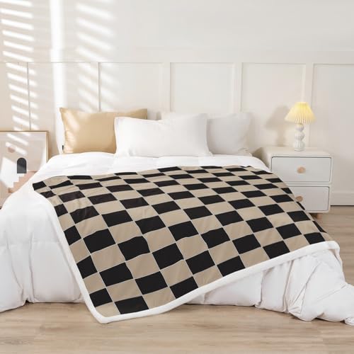Image of Erosebridal Geometric Plaid Throw Blanket Twin 60 inchX80 inch Beige Black Brown Checkerboard Sherpa Blanket Checkered Grid Fleece Bed Blanket for Kids Boys Men,Modern Aesthetic Flannel Blanket