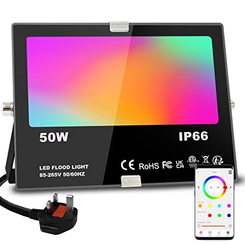 Jayool Projecteur LED avec télécommande, extérieur 10 W RVB changeant de couleur, RVB + blanc chaud, prise britannique (1 pièce) Cover