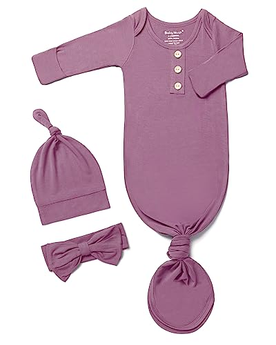 Image of Newborn Baby Knotted Gown, Super Soft Silky Infant Sleeper, Baby Girl Sleep Gown with Mittens, Bow, and Hat Set