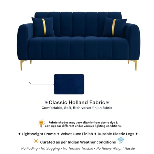 Image of FURNY Harmony 2 Seater Velvet Fabric Sofa Set (Blue) with Premium Golden Finish Legs | Velvet Finish | Ideal for Living Room