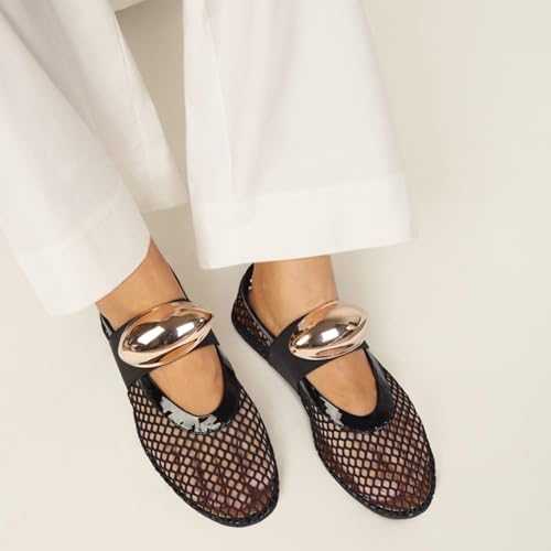 Image of MICIFA Women's Mesh Ballet Flats Fishnet Ballerina Flats Buckle Strap Mary Jane Causal Daily Dress Shoes
