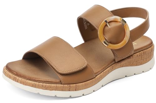UBFEN Womens Flat Sandals Arch Support Open Toe Walking Comfy Casual Low Wedge Summer Shoes Khaki Size US 6