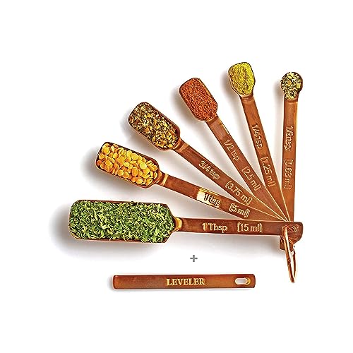2lbDepot Copper Measuring Spoons for Baking/Cooking, Set of 7 Includes Bonus Leveler, Premium Kitchen use Stainless Steel, Metal, Rust Proof, Narrow Design fits into Spice Jars