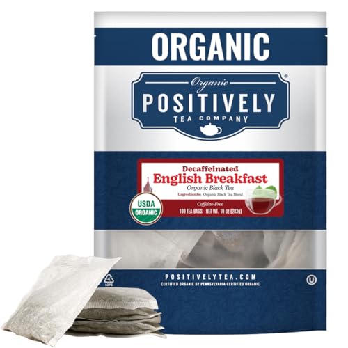 Image of Organic Positively Tea Company, Decaf English Breakfast Black Tea Bags, 100 Count, Eco-Friendly Tea Bags, Non-GMO