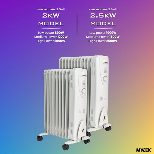 MYLEK Oil Filled Heater Radiators 2000W, Electric Portable White Heaters, Adjustable Thermostat, 3 Heat Settings, Energy Efficient, Safety Tip Over Protection (2KW White) - Image 7