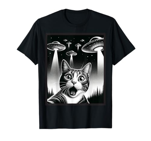 Funny Cat UFO Alien Invasión Gatos Selfie Camiseta