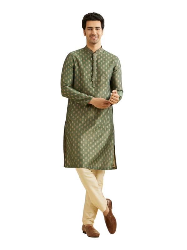 Image of Manyavar Embroidered Knee Long Kurta and Churidar Set for Men - (Bottle Green, 3X-Large)