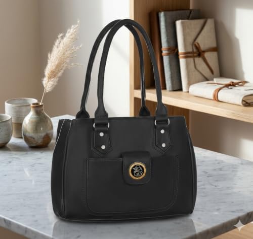 Image of Women's PU Leather Shoulder Handbag | Spacious 3 Compartment Tote Purse with Zip Closure & Multiple Pockets | Top Handle Office College Travel Handbag | 30 x 25 x 12 cm