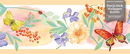 Grace & Gardenia Gb50081G8 Floral Butterfly Watercolor Peel And Stick Wallpaper Border 8In Height X 15Ft Peach Green Orange Designs #TOP5