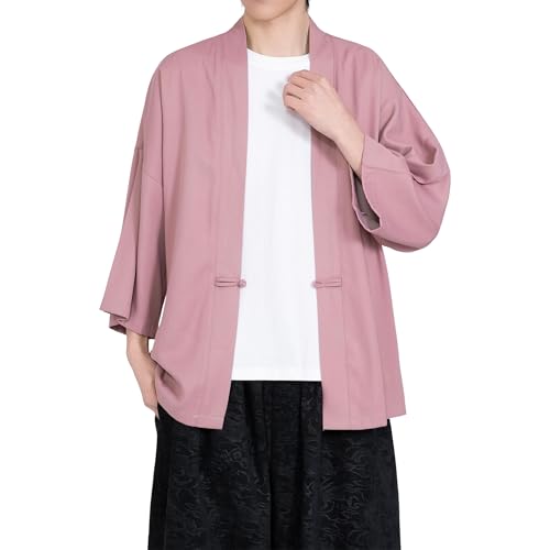 Image of PRIJOUHE Men's Kimono Jackets Cardigan Casual Cotton Blends Linen Seven Sleeve Open Front Embroidery Coat
