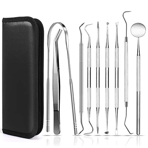 HALOVIE Limpieza Dental Kit Limpiador de Lengua Herramientas Dentales 9 PCS Limpieza de Dientes Acero Inoxidable Juego de Higiene Cuidado Bucal para Adultos, Ni�os, Familia, Perros con Estuche