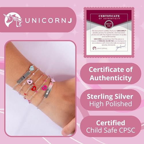 Image of UNICORNJ Sterling Silver 925 Engravable ID Bracelet Rolo Chain for Girls Heart with Pink Enamel 6.5 inch