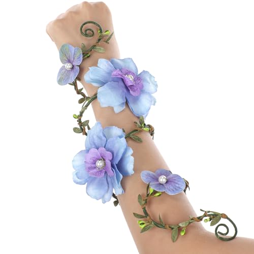 Renaissance Fairy Floral Arm Wrap - 1 PC Elf Bracelet with Blue Flower Woodland Forest Mother Nature Costume Elven Outfit Poison Ivy Accessories Renfaire Christmas Halloween Accessories for Women