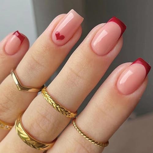 Valentines Square French Tip Press On Nails Red Heart Deign Nails Press On Reusable Artificial False Nails with Glue On Nails for Women 24PCS