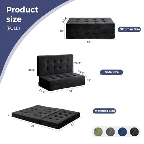 Image of MAXYOYO 6 inch Folding Sofa Bed for Floor, Tufted Tri-Fold Floor Mattress with Chenille Fabric, Full Size Portable Sofa Couch Guest Mat for Adults, Foldable Topper for Camping, Black, 53 inchx75 inch