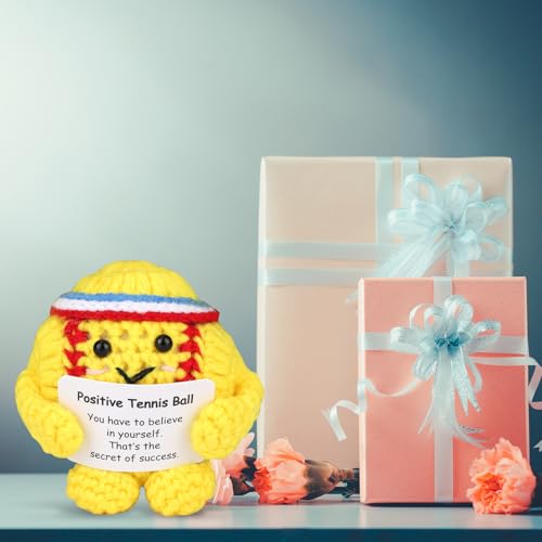 Image of TOYMIS Positive Tennis Ball, Cute Funny Inspirational Crochet Tennis Ball Positive Knitted Doll Gadget with Encouraging Card for Sports Enthusiasts & Party Favor