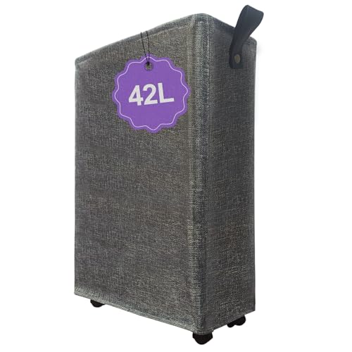 Image of Slim Rolling Laundry Basket with Wheels, 42L Narrow Laundry Hamper with Mesh Drawstring Cover & Handles, Collapsible Dirty Clothes Bin for Small Spaces, Dorm, Apartment, Bathroom, Dark Grey