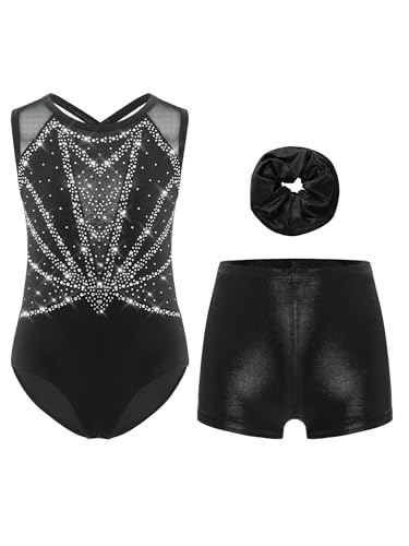 Xnihocha 3Pcs Mädchen Turnanzug Glitzer Gymnastikanzug Ärmellos Ballettanzug mit Shorts Kurze Hose und Stirnband Ballett Tanzkostüm Schwarzes Silber 146-152