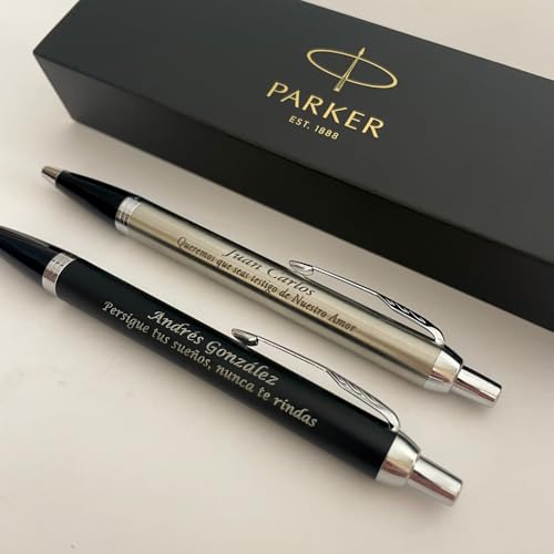 regalo grabado - Bolígrafo Personalizado Parker IM | Grabado en Lateral | 2 Líneas de Texto | Ideal como Regalo personalizado | Envío Rápido, Negro, Metal