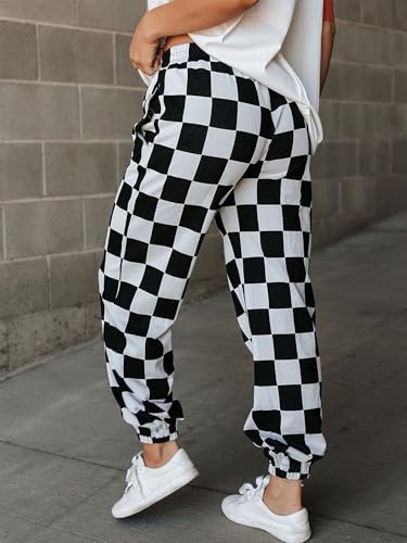 Sunloudy Womens Checkered Jogger Pant Elastic Waisted Color Block Gingham Loose Fitted Lounge Trouser Streetwear3